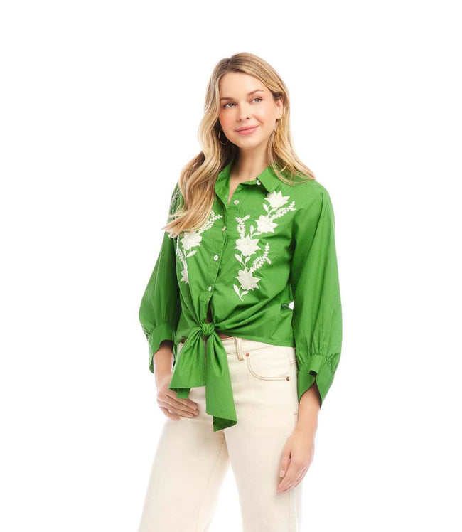 Karen Kane Green Blouson Sleeve Embroidered Tie-Front Top Karen Kane