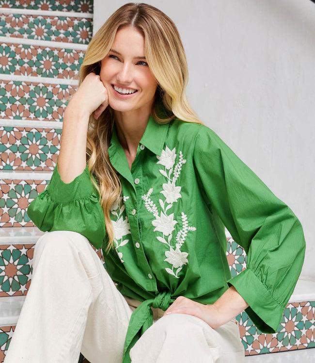 karen kane Green Blouson Sleeve Embroidered Tie-Front Top Karen Kane