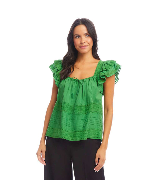 Karen Kane Green Embroidered Ruffle Sleeve Blouse Karen Kane