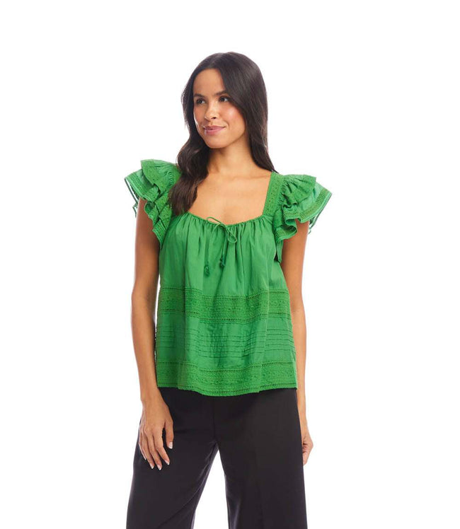 Karen Kane Green Embroidered Ruffle Sleeve Blouse Karen Kane