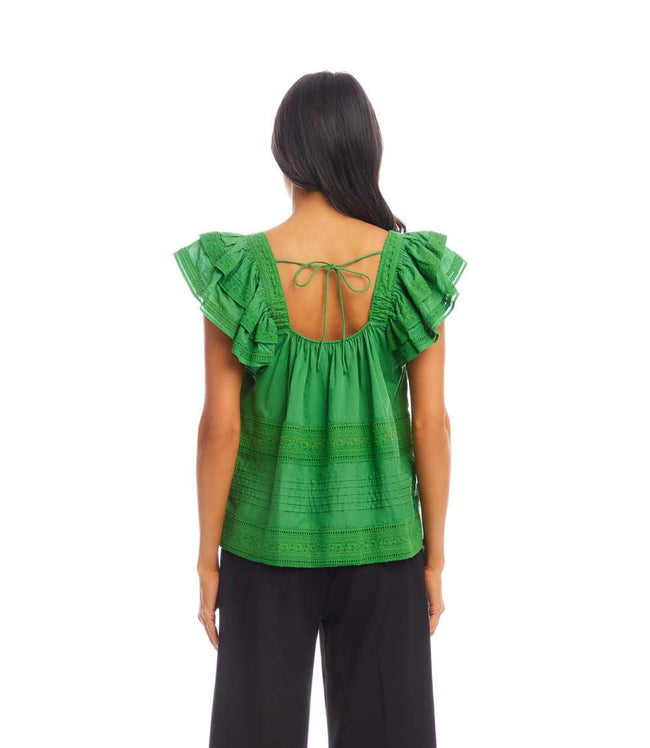 Karen Kane Green Embroidered Ruffle Sleeve Blouse Karen Kane