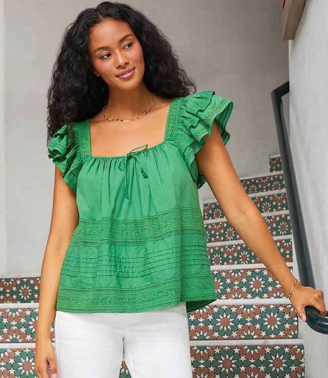 karen kane Green Embroidered Ruffle Sleeve Blouse Karen Kane