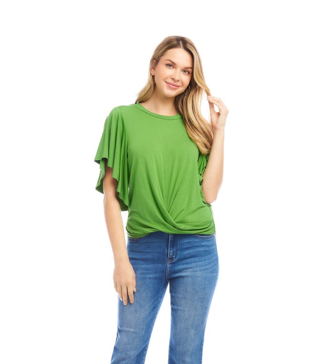 Karen Kane Green Petite Size Flutter Sleeve Drape Front Top Karen Kane