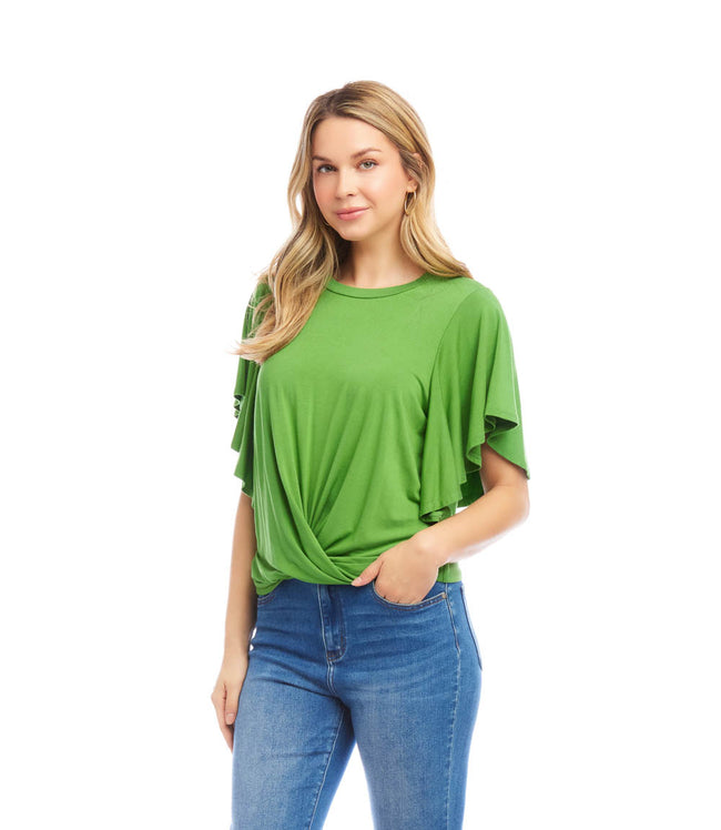 Karen Kane Green Petite Size Flutter Sleeve Drape Front Top Karen Kane