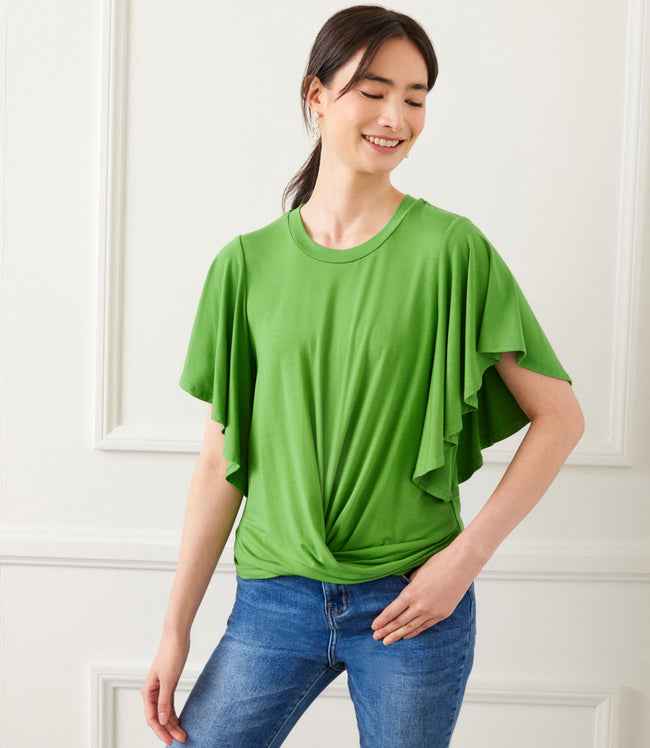 karen kane Green Petite Size Flutter Sleeve Drape Front Top Karen Kane