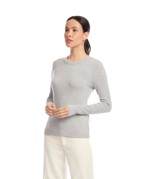 Karen Kane Heather Gray Long Sleeve Ribbed Crewneck Top Karen Kane