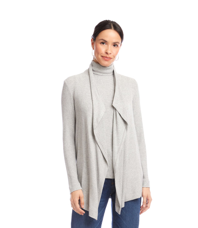 Karen Kane Heather Gray Long Sleeve Ribbed Drape Front Cardigan Karen Kane