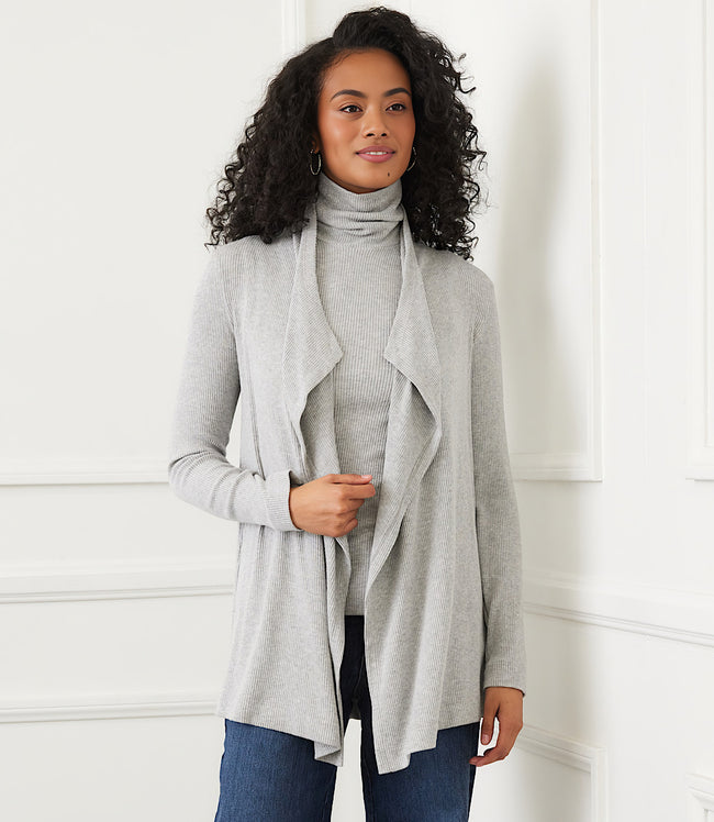 karen kane Heather Gray Long Sleeve Ribbed Drape Front Cardigan Karen Kane