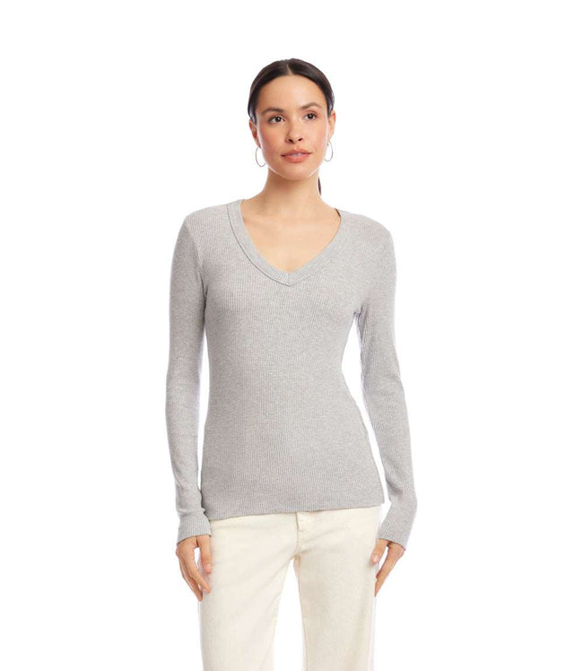 Karen Kane Heather Gray Long Sleeve Ribbed V-Neck Top Karen Kane