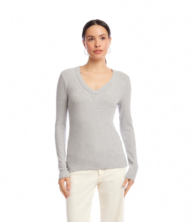 Karen Kane Heather Gray Petite Size Long Sleeve Ribbed V-Neck Top Karen Kane
