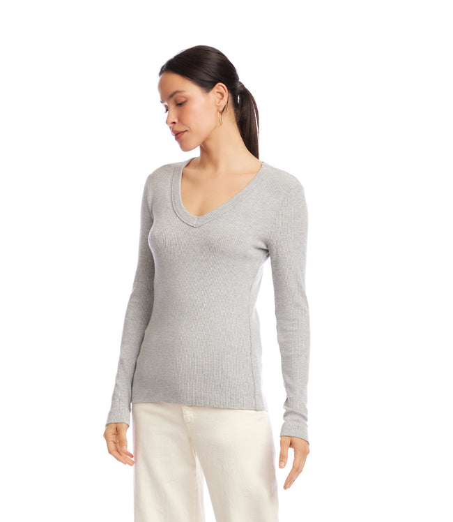 Karen Kane Heather Gray Petite Size Long Sleeve Ribbed V-Neck Top Karen Kane