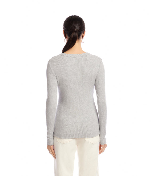 Karen Kane Heather Gray Petite Size Long Sleeve Ribbed V-Neck Top Karen Kane
