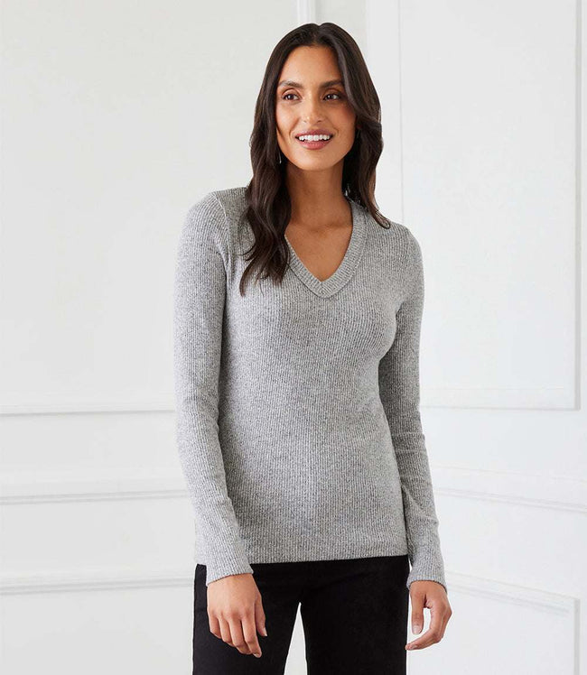 karen kane Heather Gray Petite Size Long Sleeve Ribbed V-Neck Top Karen Kane