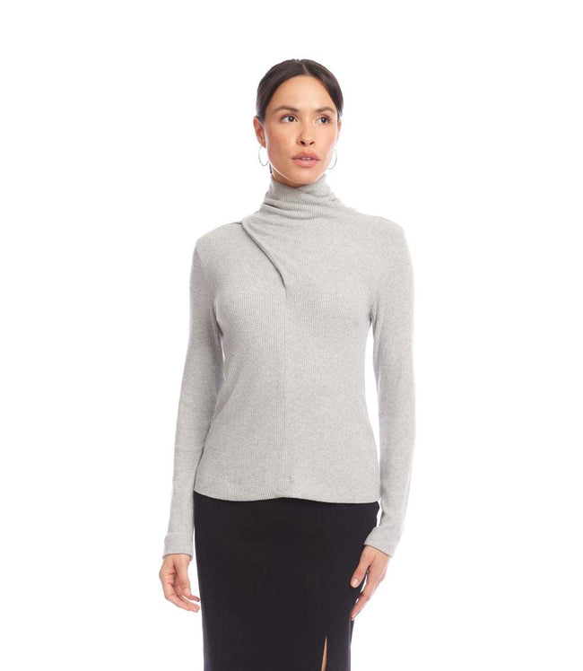 Karen Kane Heather Gray Ribbed Faux Wrap Turtleneck Top Karen Kane