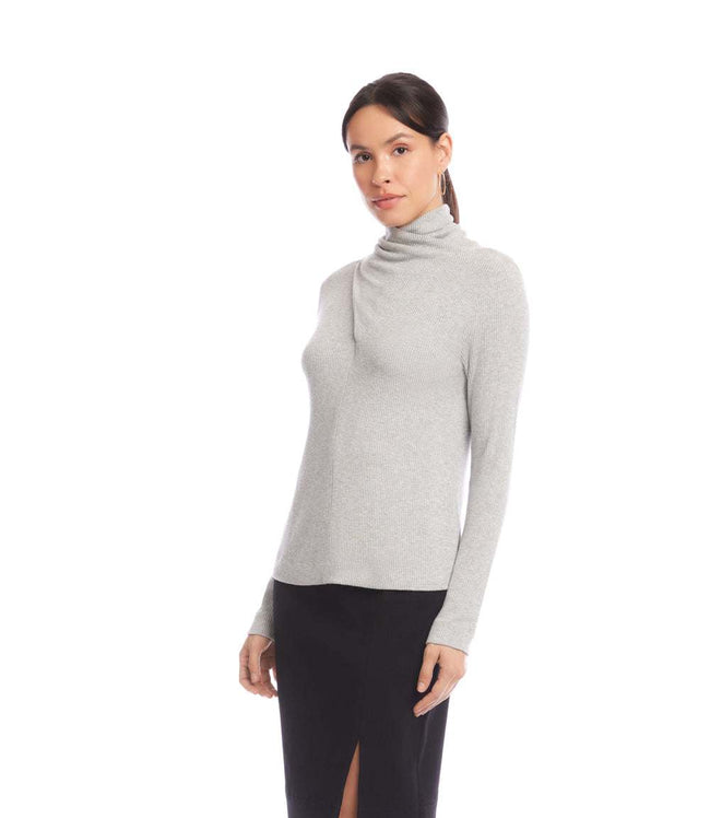 Karen Kane Heather Gray Ribbed Faux Wrap Turtleneck Top Karen Kane