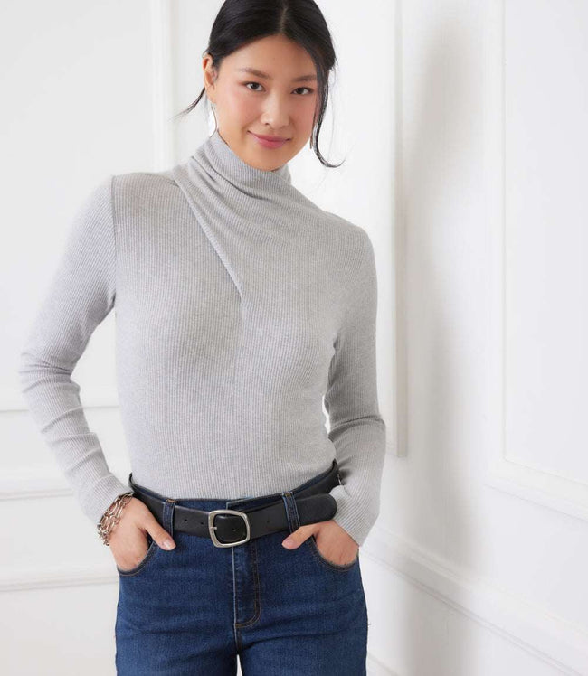 karen kane Heather Gray Ribbed Faux Wrap Turtleneck Top Karen Kane