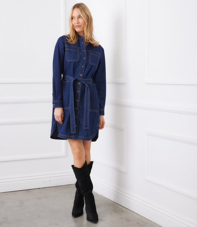 Karen Kane Indigo Belted Denim Shirtdress Karen Kane