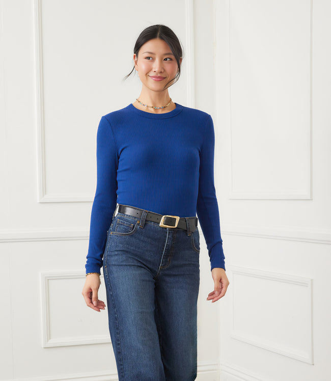 Karen Kane Indigo Long Sleeve Ribbed Crewneck Top Karen Kane