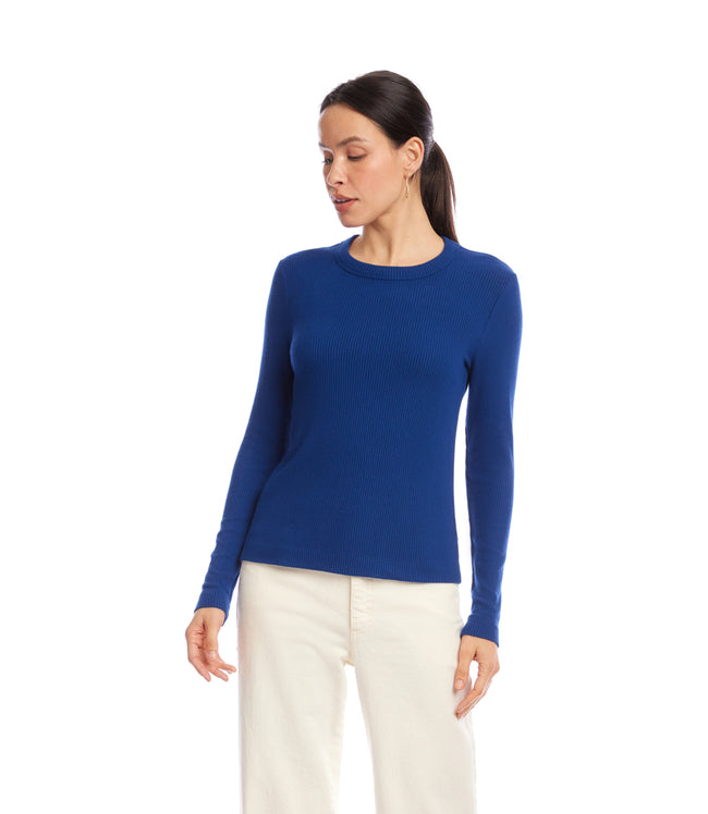 Karen Kane Indigo Long Sleeve Ribbed Crewneck Top Karen Kane