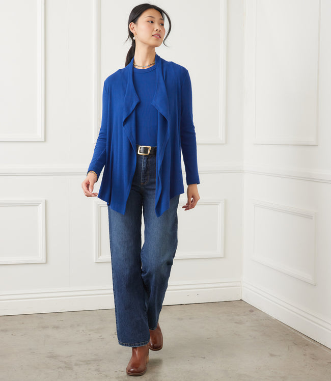 Karen Kane Indigo Long Sleeve Ribbed Drape Front Cardigan Karen Kane