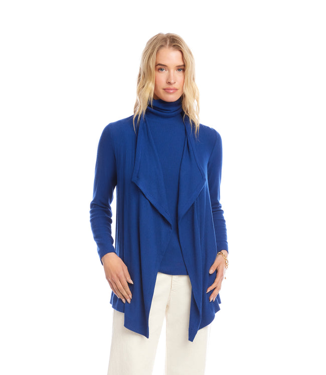 Karen Kane Indigo Long Sleeve Ribbed Drape Front Cardigan Karen Kane