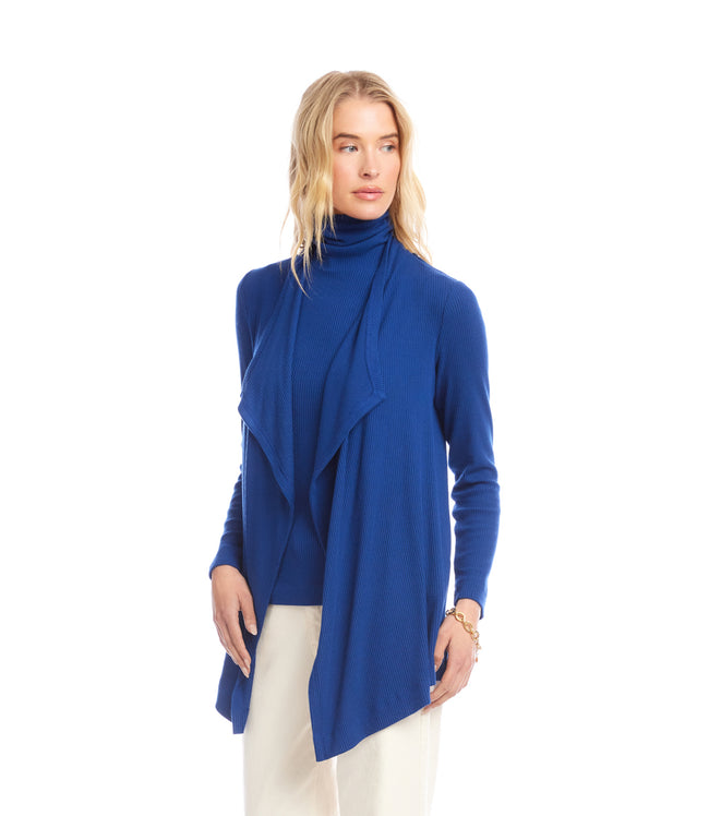 Karen Kane Indigo Long Sleeve Ribbed Drape Front Cardigan Karen Kane