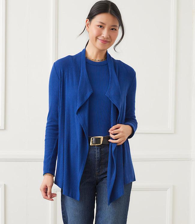 karen kane Indigo Long Sleeve Ribbed Drape Front Cardigan Karen Kane
