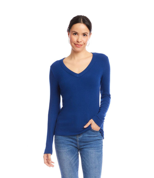 Karen Kane Indigo Long Sleeve Ribbed V-Neck Top Karen Kane