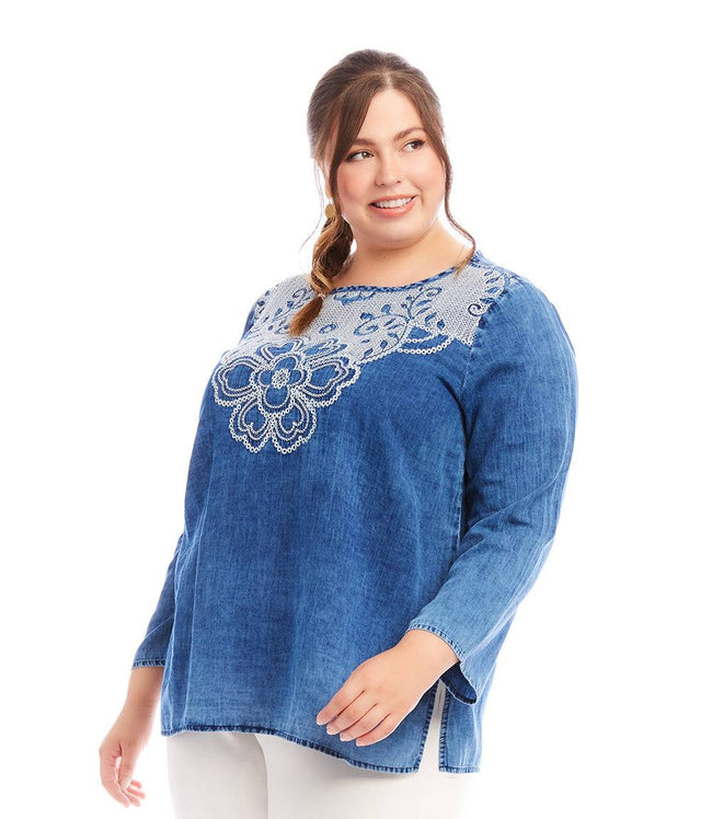 Karen Kane Indigo Plus Size Embroidered Boatneck Tunic Karen Kane