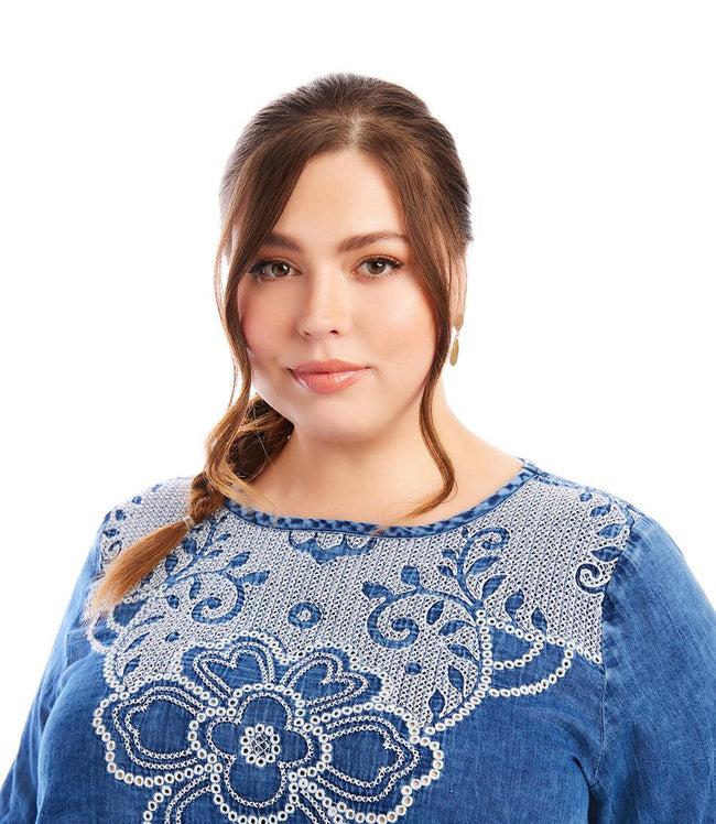 Karen Kane Indigo Plus Size Embroidered Boatneck Tunic Karen Kane