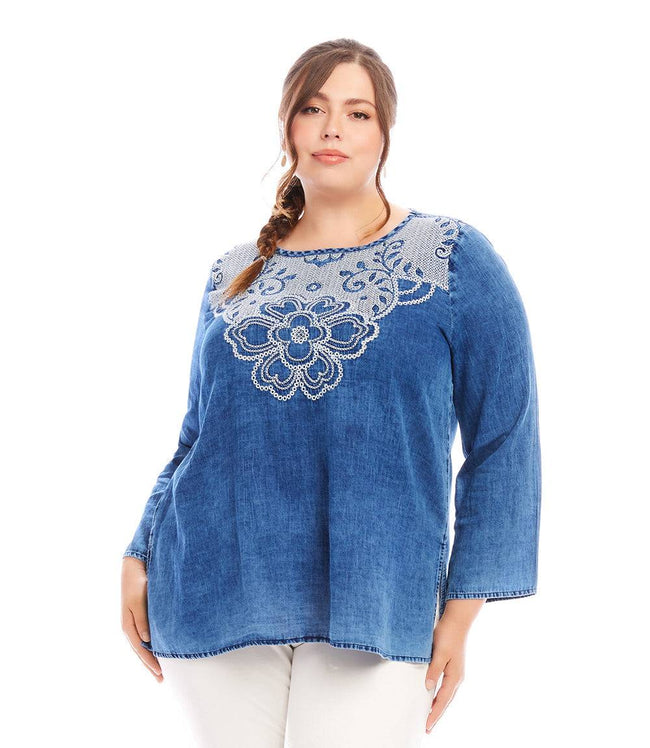 karen kane Indigo Plus Size Embroidered Boatneck Tunic Karen Kane