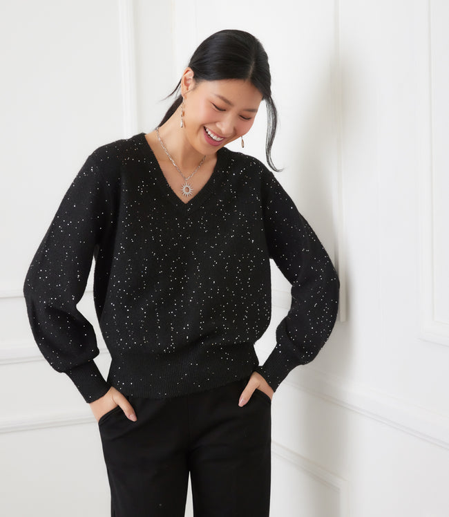 Karen Kane Black Sequin V-Neck Sweater Karen Kane