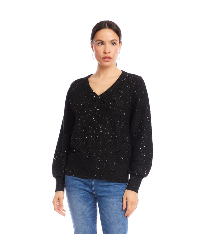 Karen Kane Black Sequin V-Neck Sweater Karen Kane