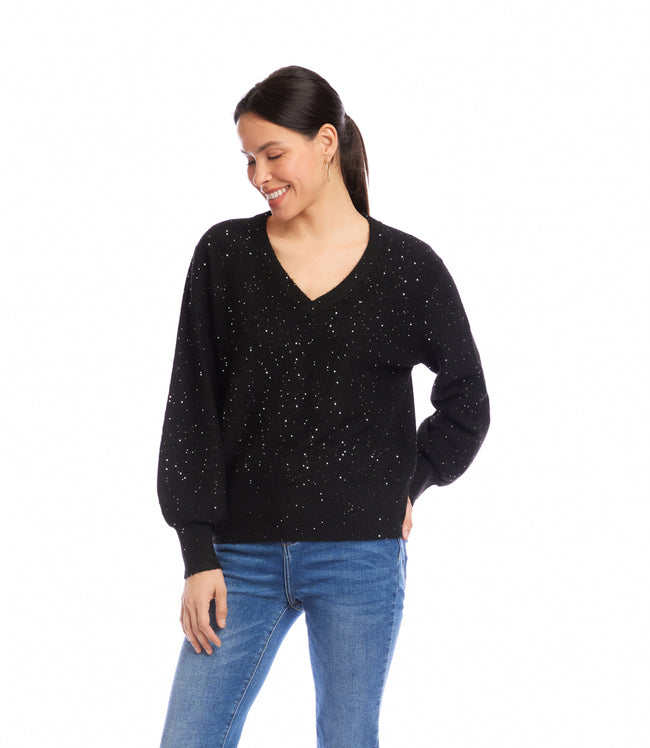 Karen Kane Black Sequin V-Neck Sweater Karen Kane