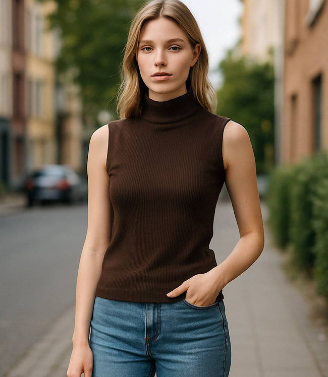 karen kane Brown Ribbed Turtleneck Tank Karen Kane