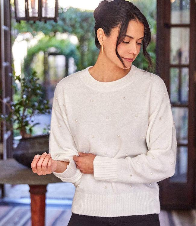 Karen Kane Cream Pearl Crewneck Sweater Karen Kane