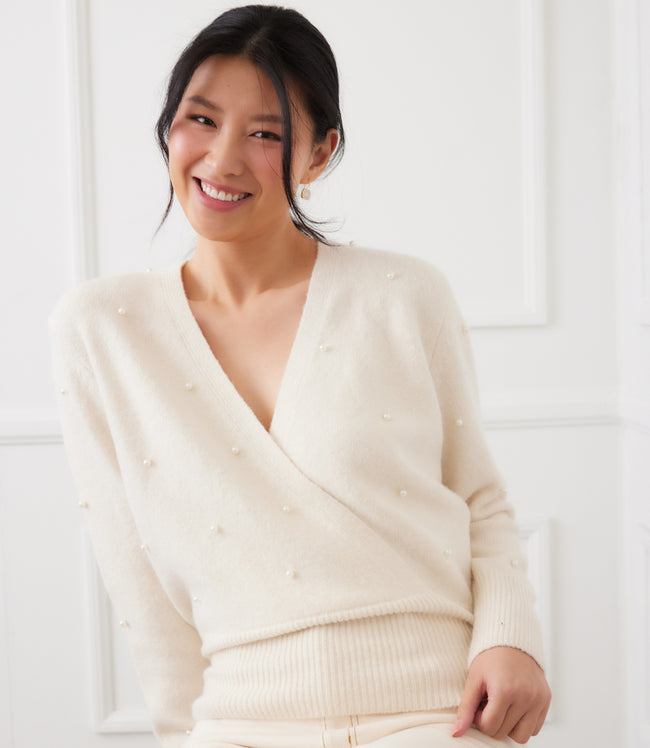Karen Kane Cream Pearl Wrap Sweater Karen Kane