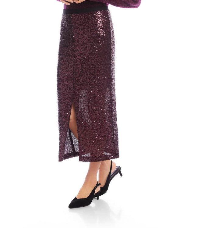 Karen Kane Eggplant Sequin Midi Skirt Karen Kane