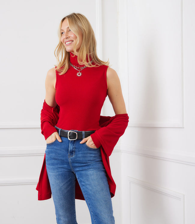 karen kane Red Ribbed Turtleneck Tank Karen Kane
