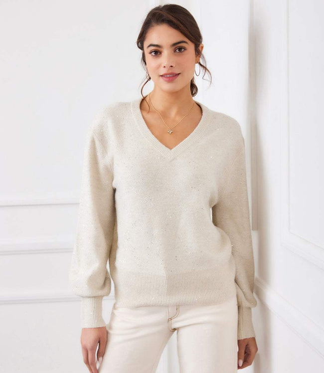 karen kane Sand Sequin V-Neck Sweater Karen Kane