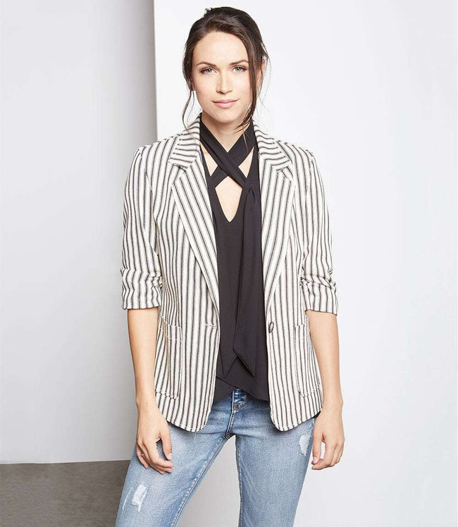 Karen Kane Stripe Ruched Sleeve Jacket Karen Kane