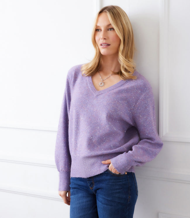 Karen Kane Lavender Sequin V-Neck Sweater Karen Kane