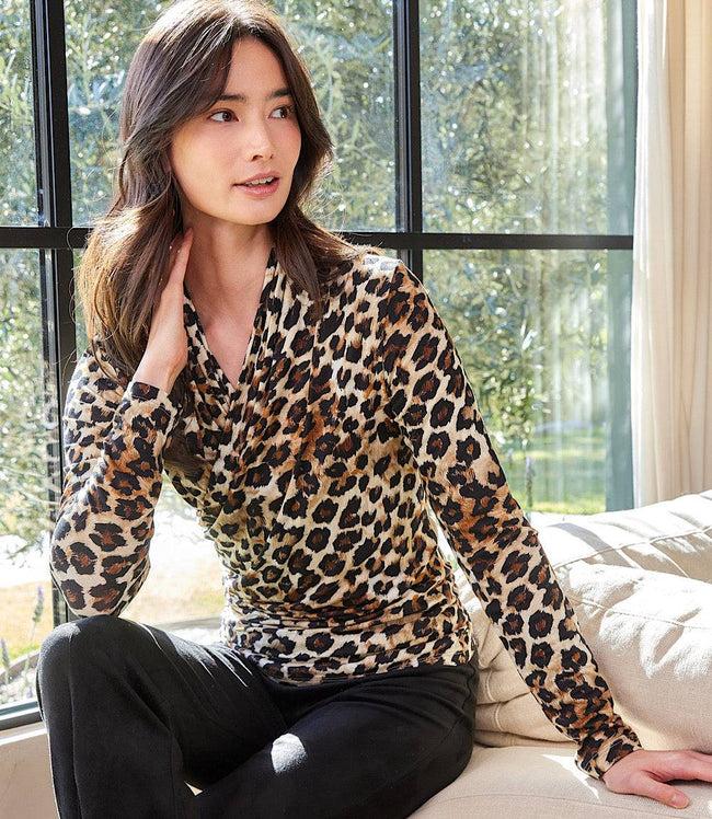 Karen Kane Leopard Long Sleeve Crossover Side-Shirred Top Karen Kane