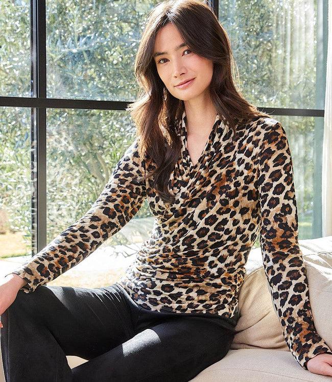 karen kane Leopard Long Sleeve Crossover Side-Shirred Top Karen Kane