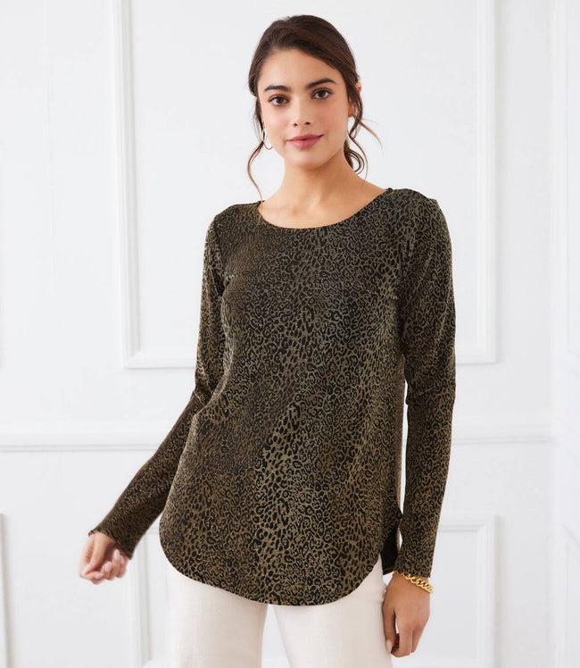 Karen Kane Leopard Long Sleeve Metallic Knit Shirttail Top Karen Kane