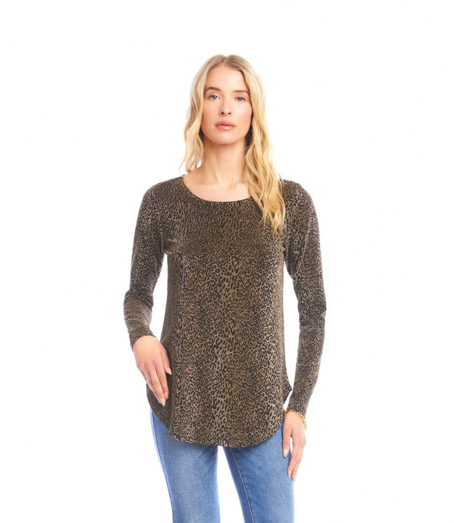 Karen Kane Leopard Long Sleeve Metallic Knit Shirttail Top Karen Kane