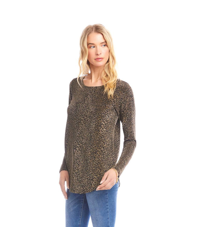 Karen Kane Leopard Long Sleeve Metallic Knit Shirttail Top Karen Kane