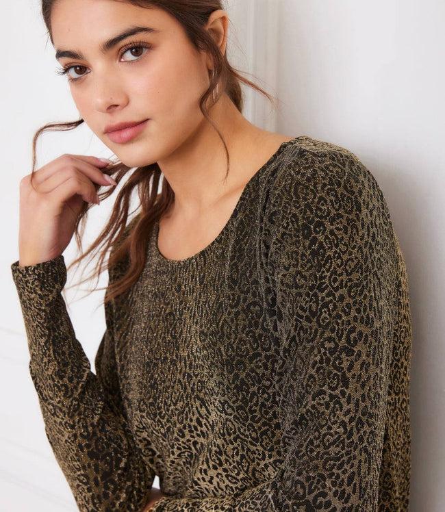 karen kane Leopard Long Sleeve Metallic Knit Shirttail Top Karen Kane