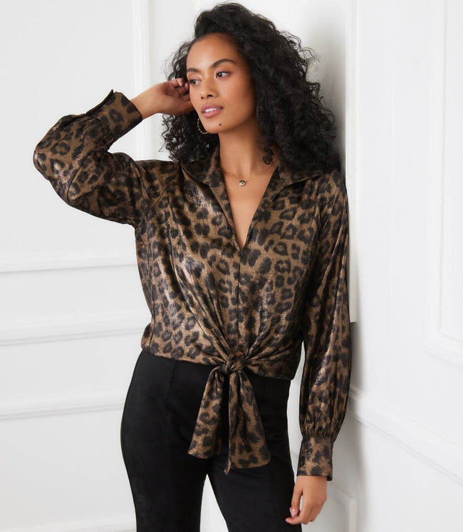 karen kane Leopard Long Sleeve Tie-Front Top Karen Kane