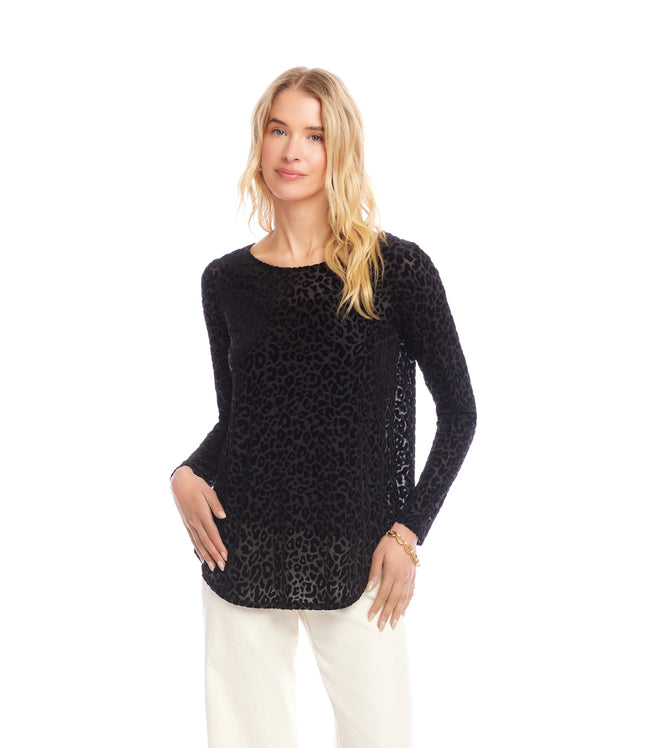 Karen Kane Leopard Long Sleeve Velvet Burnout Shirttail Top Karen Kane